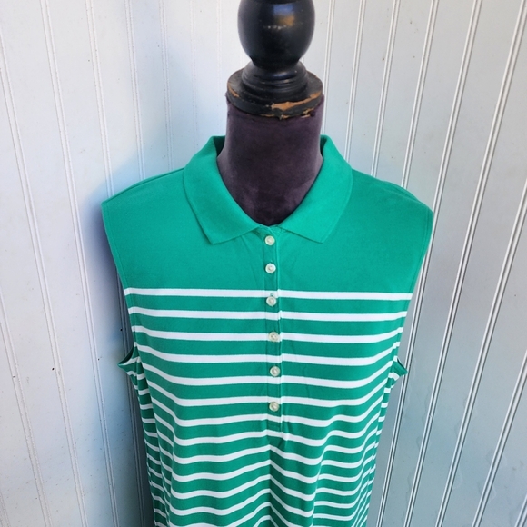 LANDS' END Sleeveless Striped Polo Dress Green White Stretchy Stretch L (14-16) - Picture 2 of 16
